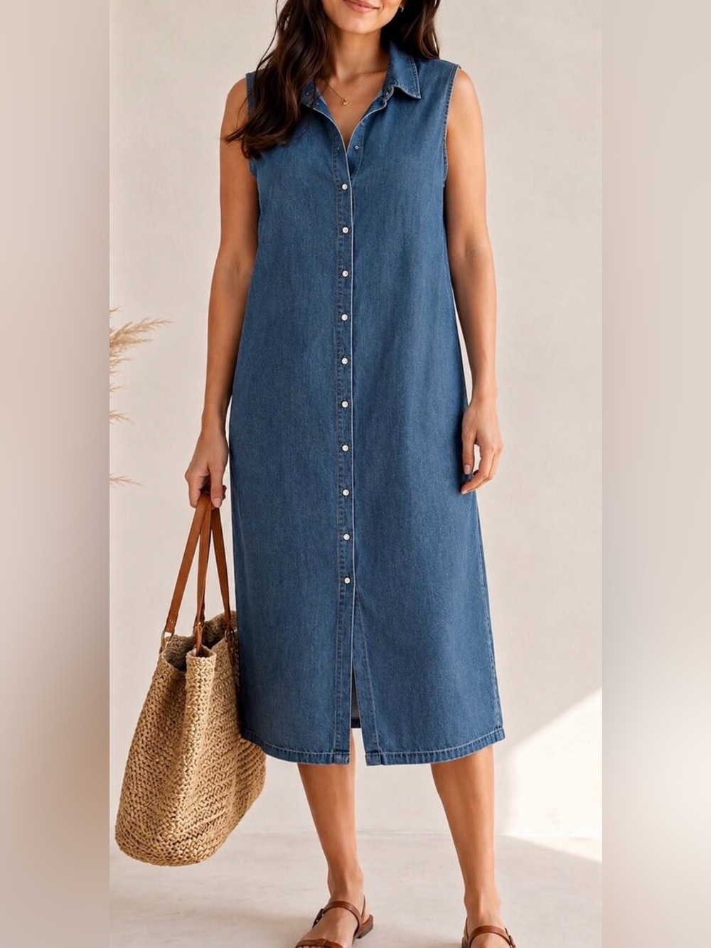 Vintage Casual Corner Annex Denim Shirt Dress Sleeveless Button Front Midi 16W